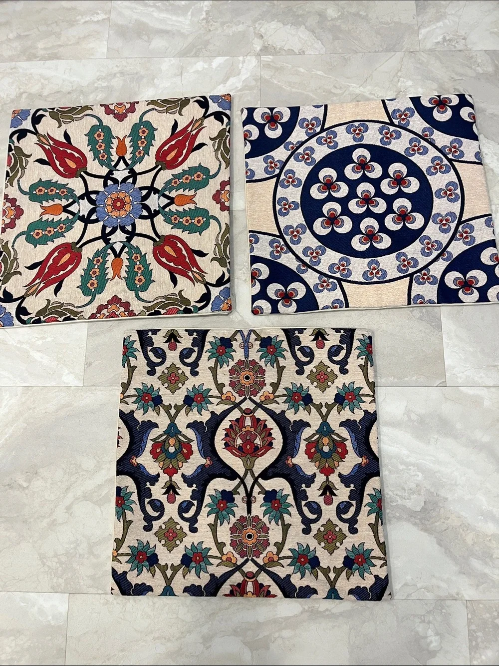 Set of 3 Ornate Tile-Pattern Turkish Ottoman Pillow Covers in Navy, Teal & Red